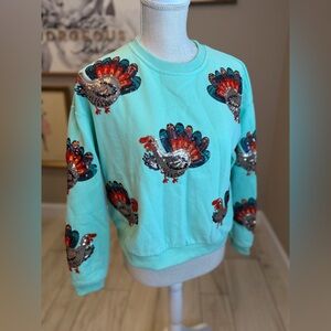 QUEEN OF SPARKLES Mint Beaded & Sequin Turkey Sweatshirt Kids Large